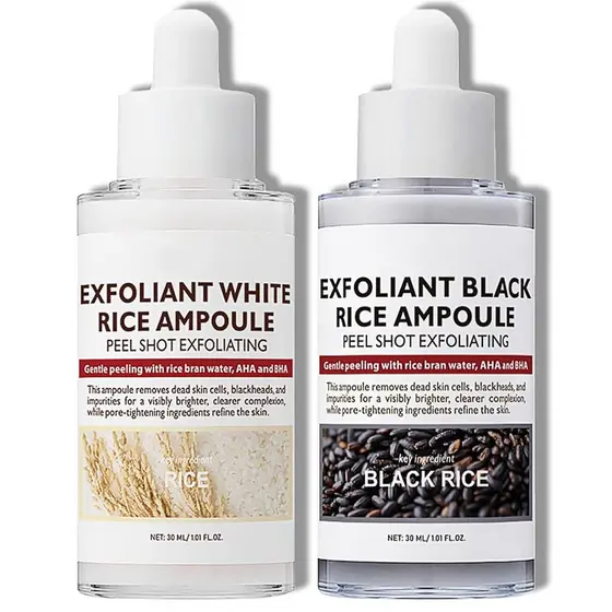 2PCS Peel Shot Glow Rice Ampoule Duo, Conjunto de Ampolas Esfoliantes de Arroz, Esfoliante de Arroz Preto e Branco, Solu