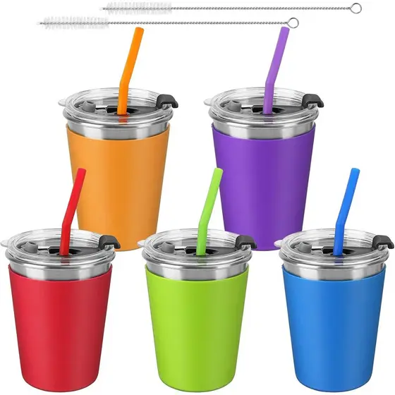 ShineMe Conjunto de 5 Copos Infantis com Canudos e Tampas à Prova de Derramamento, Copos com Canudo de 12oz para Criança
