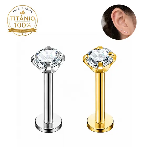 Piercing Labret Ponto De Luz Helix Tragus Conch Titânio com Zircônia 1.2*8mm