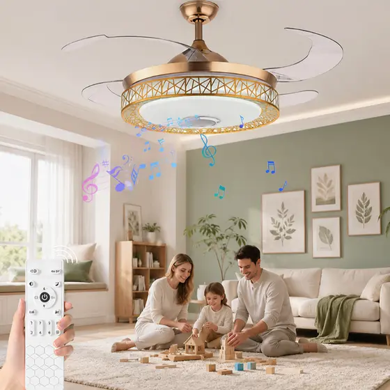 Ventilador de Teto Retrátil LED 108CM 110V/220V Dourado com Som Integrado Controle Remoto
