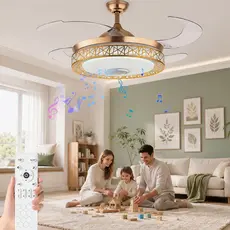 Ventilador de Teto Retrátil LED 108CM Dourado com Controle Remoto 3 Cores Função Música 110V/220V
