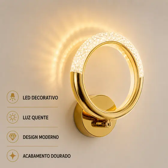 Arandela LED De Parede Redonda Cristal Dourada Moderna Luxuosa Para Quarto Sala Bivolt