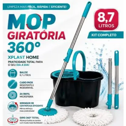 Mop Giratório 360° Xplast 8,7 Litros com Balde, Cesto Plastico e Mop de Microfibra