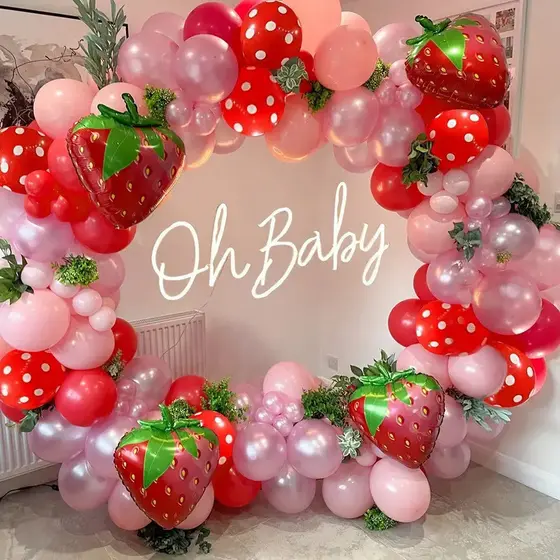 Kit De Arco De Balão De Morango E Guirlanda Com Bônus-Balões Pequenos Grandes Vermelho Rosa Verde-Suprimentos De Decoraç