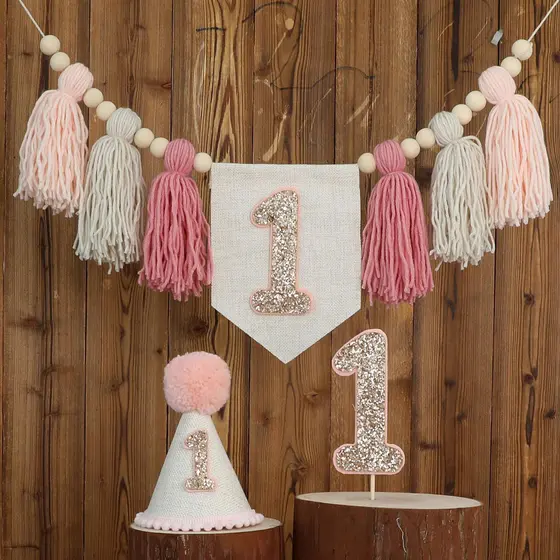 Conjunto De Decoração De Primeiro Aniversário Rosa : Banner De Cadeira Alta , Coroa , Topper De Bolo Para Festa De Menin
