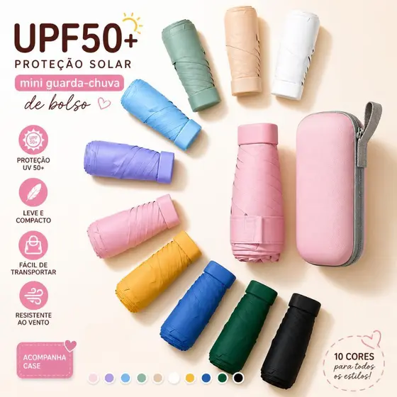 Mini Guarda-Chuva de bolso UPF50+ Super Compacto!Para Sol e Chuva, Lindas Cores com Estojo