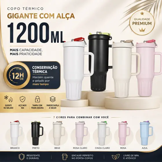 LD Copo Térmico 1200ml Com Canudo Material Inoxidável Tampa 2 Funções Alça Aberto Fechada