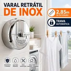 Varal Retrátil Inox de Parede 2,85m Resistente com Trava Economiza Espaço para Banheiro, Lavanderia e Varanda