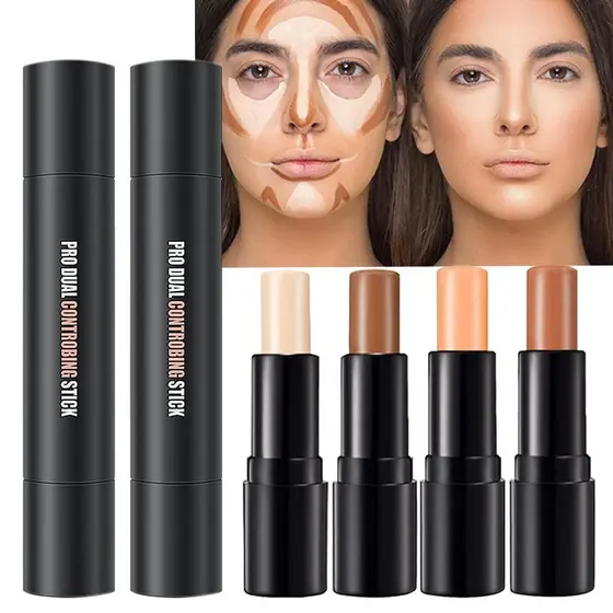Kit de Maquiagem com 4 Cores de Bastões de Contorno em Creme, Primer e Iluminador Facial para Iniciantes, Kit de Ilumina