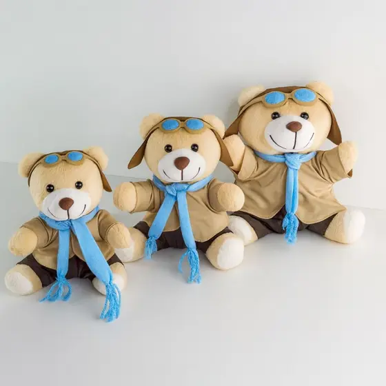 Kit 3 Ursos de Pelúcia Aviador Decorativos para Quarto de Bebê Enxoval Infantil Presente Luxo