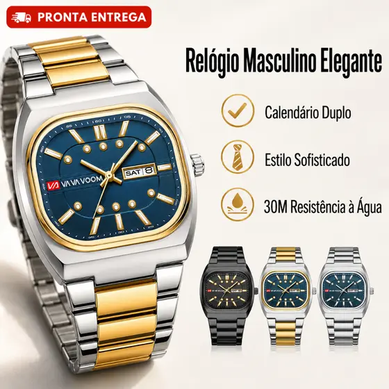 Relógio Masculino Social Elegante de Quartzo Calendário Duplo 30M à Prova d’Água Relógio de Pulso para Negócios