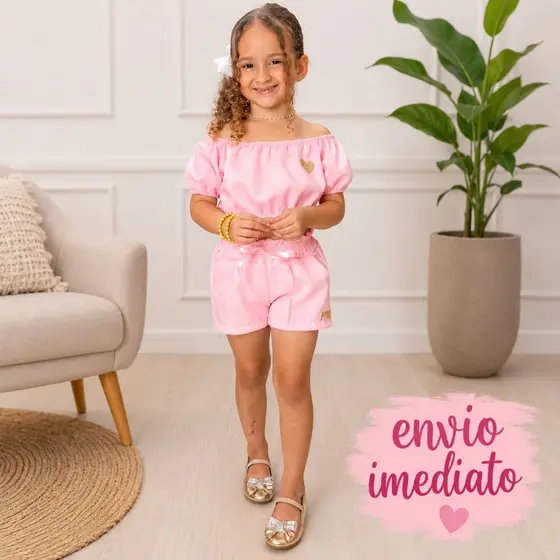 Conjunto Infantil Feminino Ombro a Ombro Tricoline P/M/ Para Menina de 2 a 6 Anos