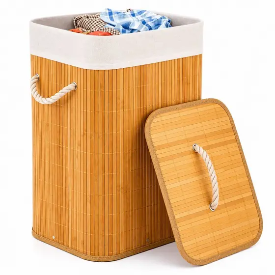 Cesto de Roupas 50 Litros com Tampa e Alça de Bambu Dobrável Organizador para Lavanderia