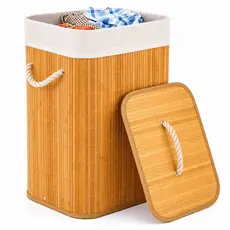 Cesto de Roupas 50 Litros com Tampa e Alça de Bambu Dobrável Organizador para Lavanderia