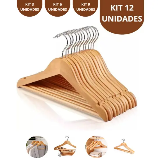 Kit 3/6/9/12 Cabides Madeira Verniz Resistentes Gancho de Metal Giratório Roupas Calças Vestidos