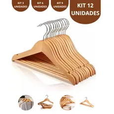 Kit 3/6/9/12 Cabides Madeira Verniz Resistentes Gancho de Metal Giratório Roupas Calças Vestidos