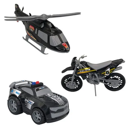 Kit Brinquedo 3 Peças Polícia Infantil Carro Moto Helicóptero Preto Inmetro Presente Crianças