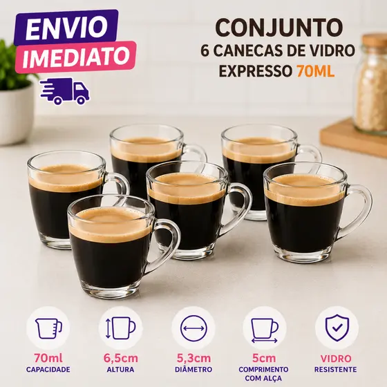 Conjunto 6 Canecas de Vidro Expresso 70ml Café Cafezinho Chá Xícaras Resistentes Transparentes
