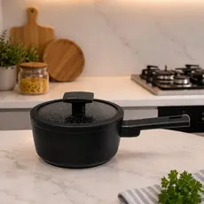 Panela Cerâmica 16cm com Tampa de Vidro Antiaderente Preta Indução Fogão Cozinha