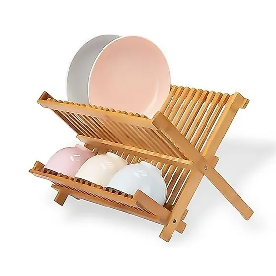 Escorredor de Louça Dobrável Bambu Natural 2 Andares Porta Pratos Copos Compacto 14 Divisórias