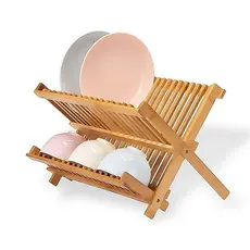 Escorredor de Louça Dobrável Bambu Natural 2 Andares Porta Pratos Copos Compacto 14 Divisórias