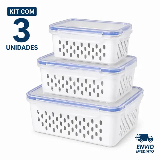 Kit 3 Potes Herméticos com Cesto Drenante 850ml + 1,75L + 3,3L Tampa Vedada Organizador de Alimentos