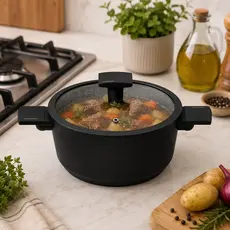 Caçarola Max Black 18cm com Tampa de Vidro Panela Duas Alças Cerâmica Antiaderente Preta