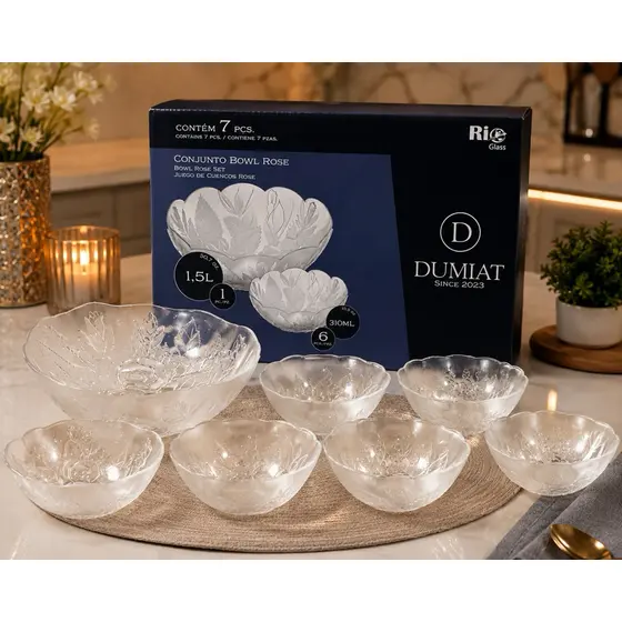 Kit Bowl de Vidro 7 Peças Conjunto de Saladeira Grande + 6 Bowls de Sobremesa Salada Frutas Rio Glass Dumiat
