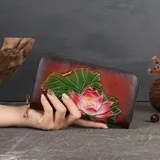 Senhoras bolsa feminina artesanal carteira feminina carteira de couro Retro carteira feminina longo zíper couro genuíno