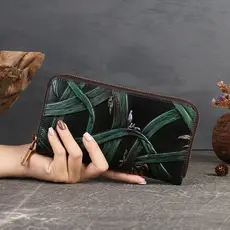 Primeira camada de couro Retro longo carteira feminina couro genuíno 2026 novo estilo embreagem grande capacidade artesa