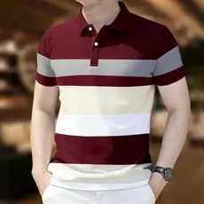 Camisa polo Listrada Masculina , Roupas Casuais De Manga Curta Da Moda , Camiseta Com Estampa Geométrica Solta Estilo Nú