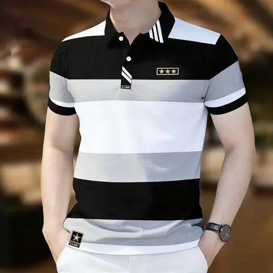 Camisa polo Listrada Masculina , Roupas Casuais De Manga Curta Da Moda , Camiseta Com Estampa Geométrica Solta Estilo Nú