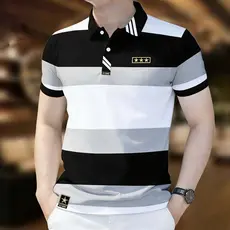 Camisa polo Listrada Masculina , Roupas Casuais De Manga Curta Da Moda , Camiseta Com Estampa Geométrica Solta Estilo Nú
