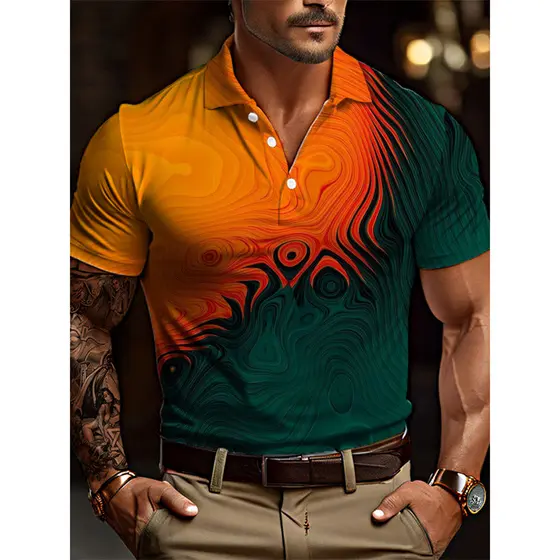 Bloco Geométrico Gráfico Camisa Polo Para Homens Emenda Colorida 3D Impresso Camisetas Verão Casual Oversized Lapela Top