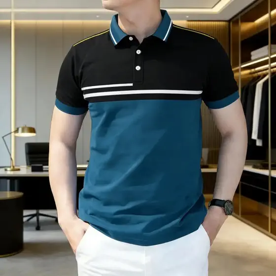2026 Camisas Polo Casuais De Negócios De Cor Sólida Para Homens , Mangas Curtas Respiráveis , Decoração Listrada , Moda