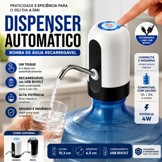 Bomba de Água Elétrica para Galão Dispenser Automático USB Recarregável Alta Potência Bivolt