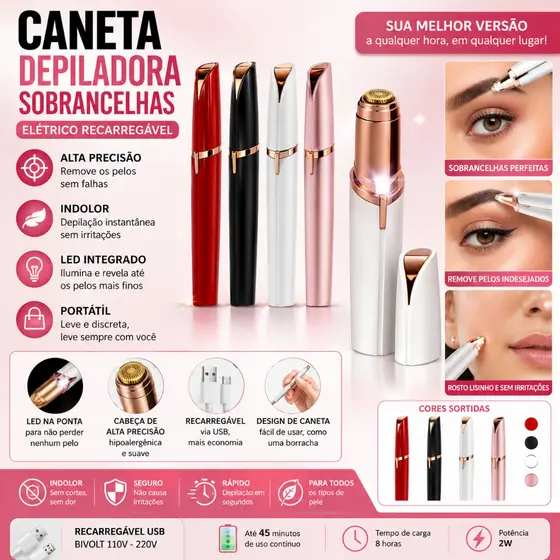Caneta Depiladora de Sobrancelha Elétrica Recarregável USB Depilador Facial Portátil LED Bivolt