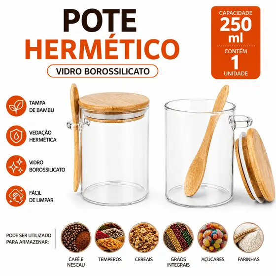 Pote Vidro Hermético Potinho Com Tampa E Colher Bambu 250ml
