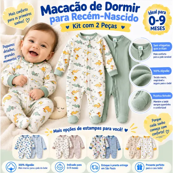 Kit 2 Macacão Pijama Bebê Dinossauro Verde Payifang 100% Fibra Bambu Antialérgico 0-3 3-6 6-9 Meses Zíper Com Pé Conjunt