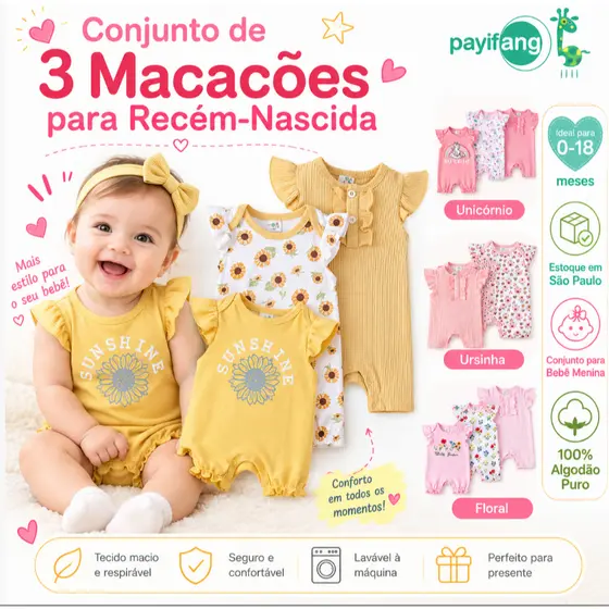 Kit 3 Macacão Curto Bebê Girassol Sunshine Feminino Payifang 100% Algodão 0 a 18 Meses Babado Regata Conjunto Roupa Verã