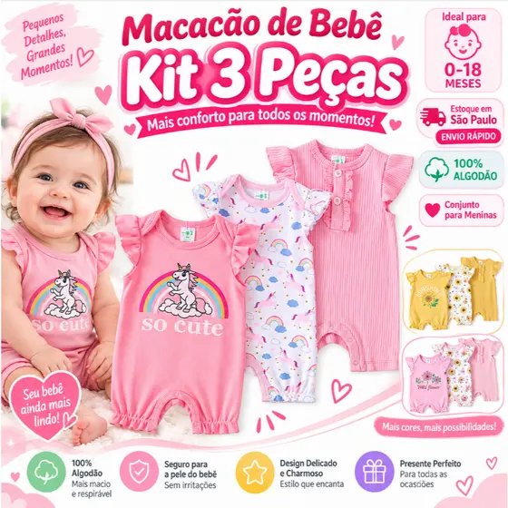Kit 3 Macacão Curto Bebê Urso Rosa Babado Feminino Payifang 100% Algodão 0 a 18 Meses Regata Conjunto Roupa Verão Menina