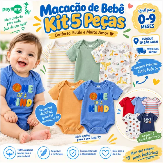 Kit 5 Body Bebê Payifang 100% Algodão Puro 0-9 Meses Estampa Safari Animal Listra Unissex Roupa Recém Nascido Estoque Sã