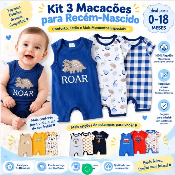 Kit 3 Macacão Curto Bebê Dinossauro Azul Xadrez Unissex Payifang 100% Algodão 0 a 18 Meses Regata Manga Curta Conjunto R
