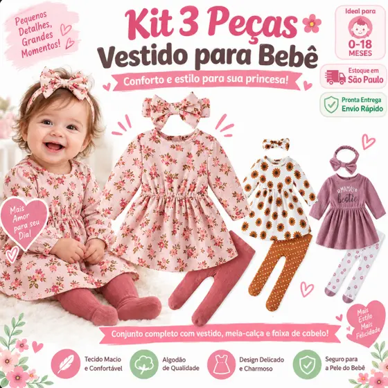 Payifang Conjunto Vestido Bebê Menina 0-18 Meses 100% Algodão Floral Manga Longa Meia Calça Faixa Laço