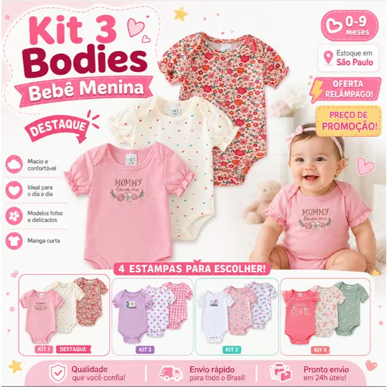 Kit 3 Bodies Bebê Menina 100% Algodão Manga Curta Babado Floral Bordado Recém-Nascida 0 a 9 Meses
