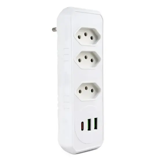 Benjamim Triplo com 3 Tomadas + 2 USB + 1 USB Tipo C | Bivolt 10A