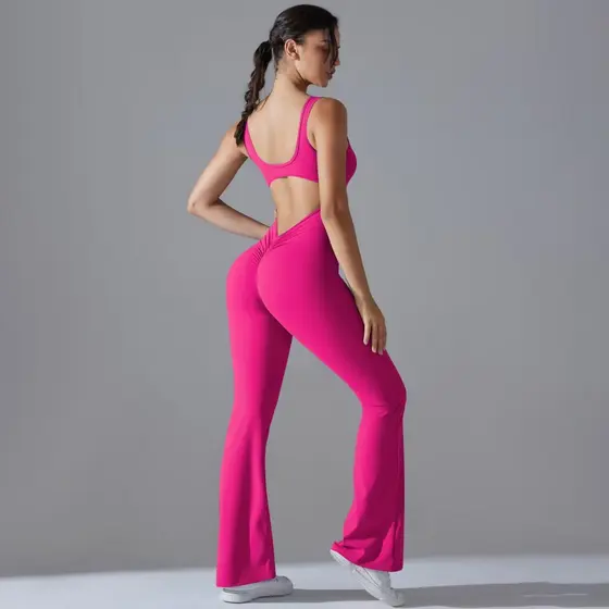 Terno De Uma Peça Com Costas Ocas , Roupa De Fitness Esportiva Levantamento De Pêssego , Macacão De Perna Larga Ioga Fem