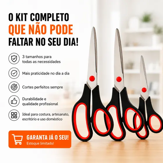 Kit com 3 ou 5 Tesouras em Aço Inox | Uso Profissional para Costura e Artesanato