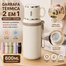 Copo Térmico 600ml Garrafa 2 em 1 com Tampa Xícara Aço Inox 316 Portátil