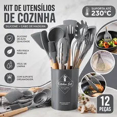 Kit Utensílios de Cozinha Silicone 12 Peças Cabo de Madeira Resistente 230°C com Suporte Organizador